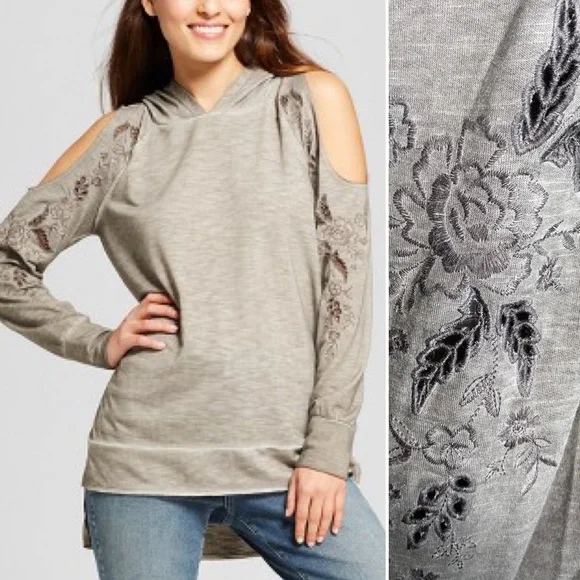 Knox Rose Floral embroidered Cut Out Cold Shoulder Hooded Sweatshirt Taupe XXL - Picture 9 of 9
